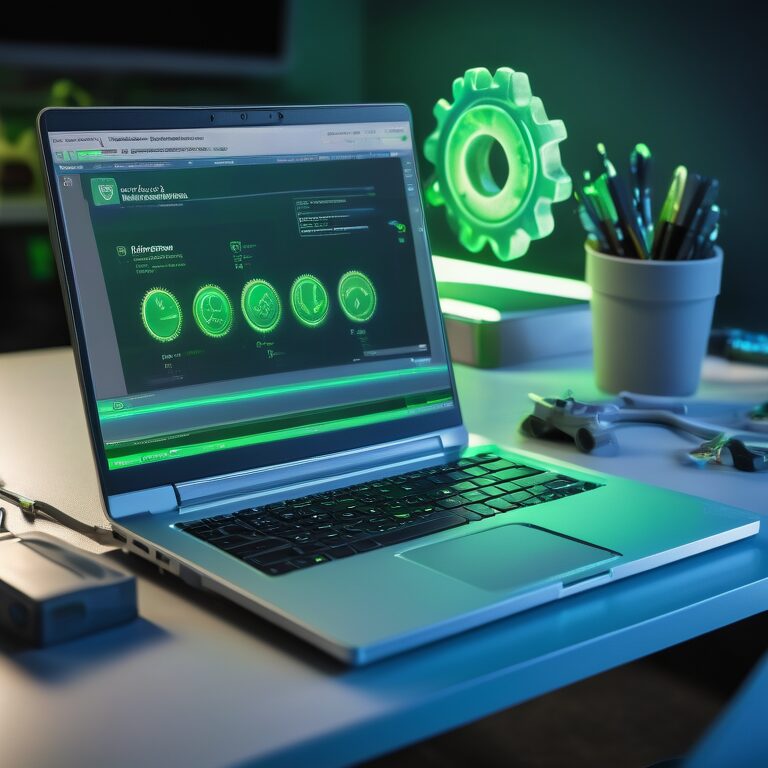 Laptop screen with QuickBooks software and a floating repair tool icon, surrounded by digital tools in a softly lit workspace.
